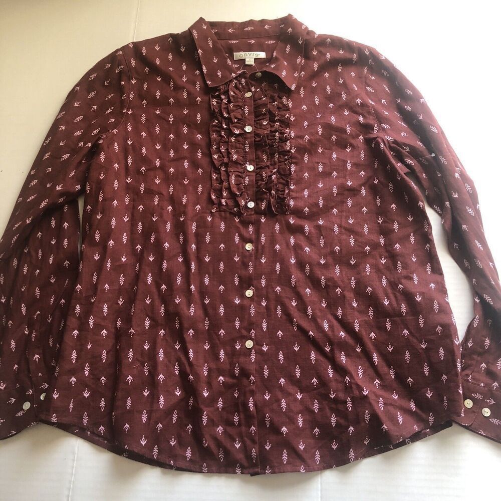 Orvis Red burgundy Print Ruffle Long Sleeve Button Up Top Sz 14